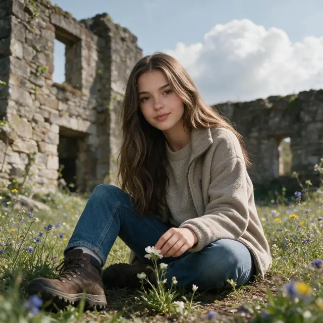 A girl wearing jeans, hiking boots, and an unzipped warm jacket over a sweater, sitting on the ground at an abandoned mill in the spring, surrounded by beautiful wildflowers, touching a flower growing from the ground, soft smile, cinematic, springtime mood, grass and flowers, fluffy clouds in the background.