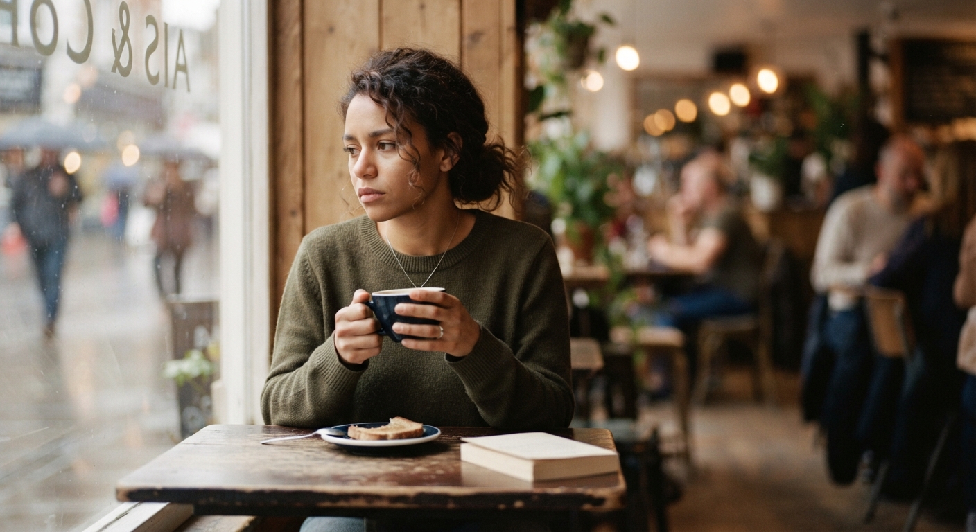 Femme aux cheveux bruns, pensive, buvant une tasse de café dans un restaurant, reflétant une introspection ou une préoccupation.
