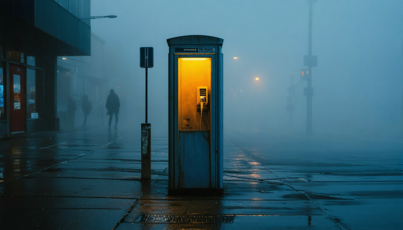 An empty phone booth glowing in San Francisco fog, waiting for a call that was always already being recorded.