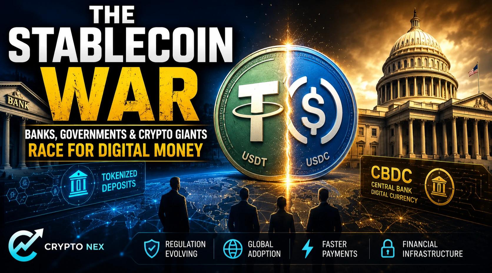 The Stablecoin War thumbnail featuring USDT, USDC, tokenized deposits, CBDCs, banks, governments, and digital finance infrastructure