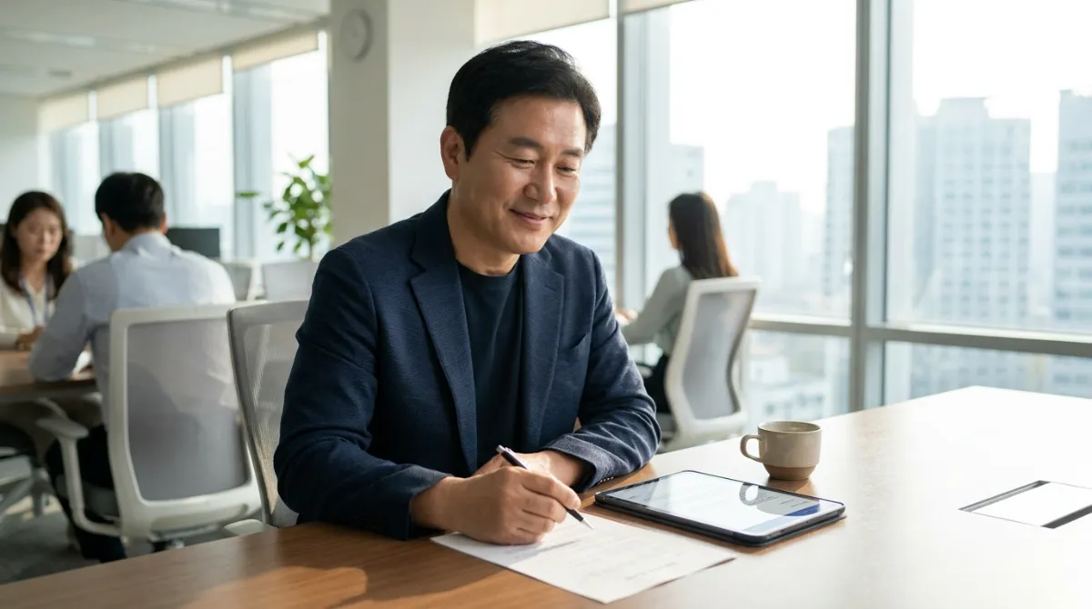 40대 한국인 남성이 현대적인 사무실에서 태블릿과 커피잔이 있는 책상 위에서 펜으로 서명하며 안도하는 모습