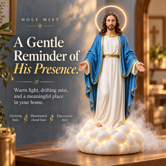 Jesus-inspired Holy Mist humidifier with a glowing halo, cloud base and decorative mist