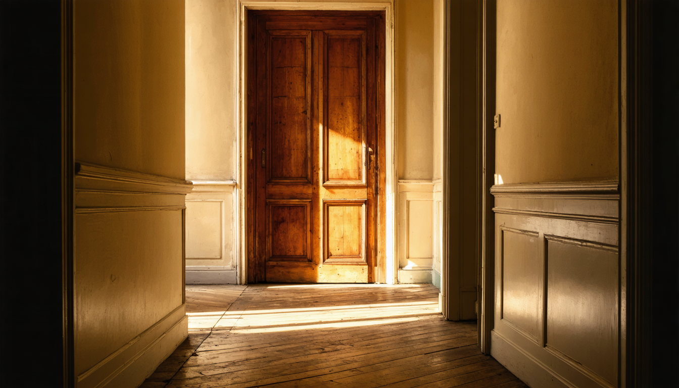 A single closed wooden door in a long empty corridor, morning light falling across its surface.