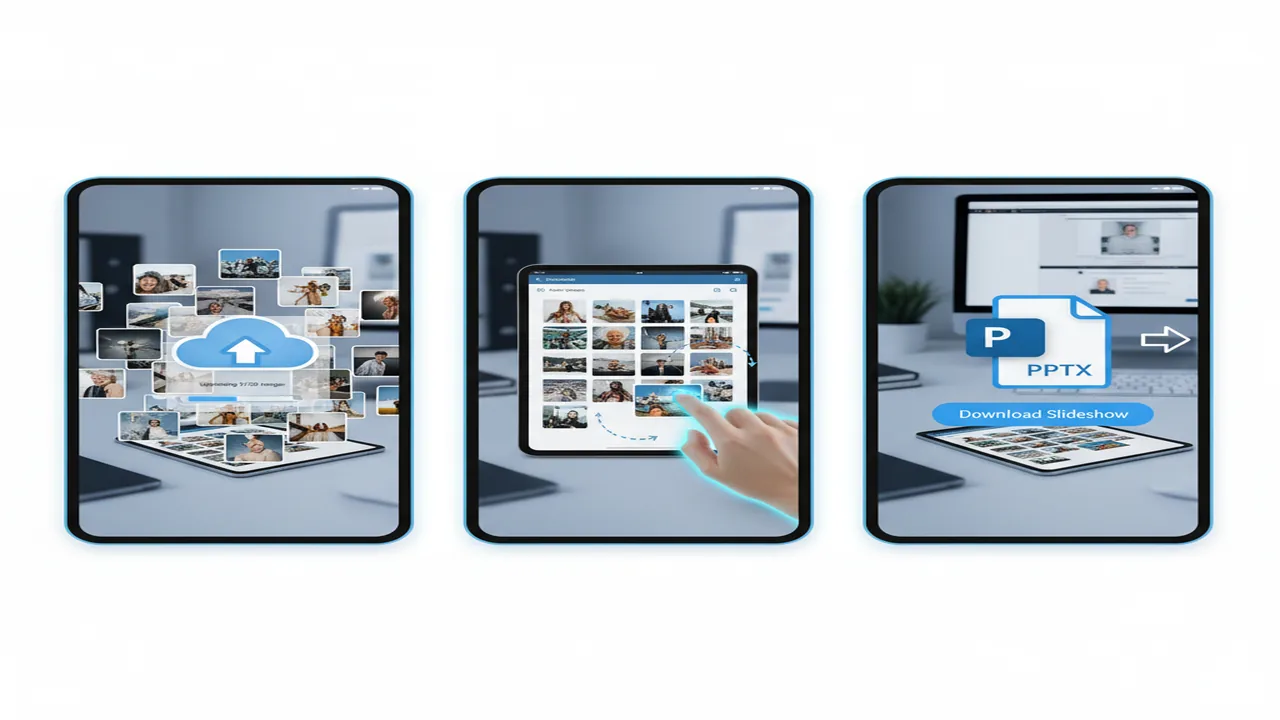 A step-by-step visual guide showing image upload, reordering, and PPTX download