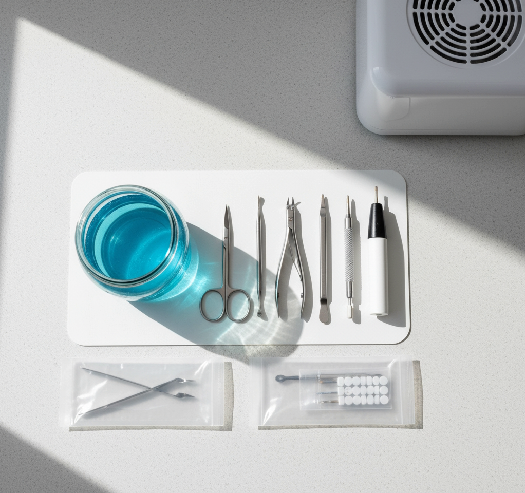 Clean, fully organized nail technician's workstation