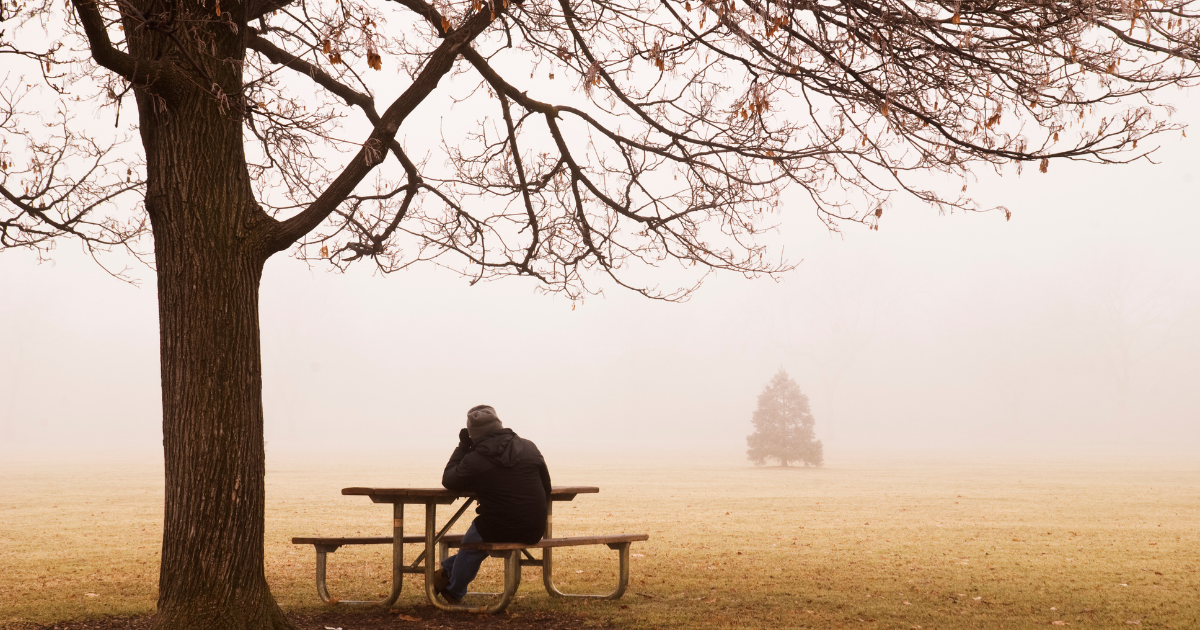 Pessoa sentada sozinha em um banco sob uma árvore em meio à neblina, representando isolamento emocional, afastamento interno e sensação silenciosa de desconexão da própria vida.