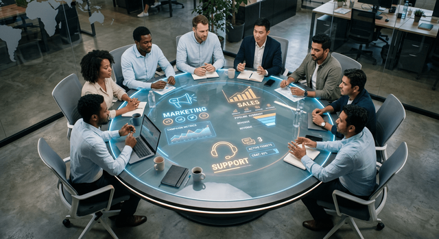Migliori Alternative a n8n: Guida Comparativa per Developer, Team e Enterprise 5 Team collaborating around a futuristic table with holographic icons.