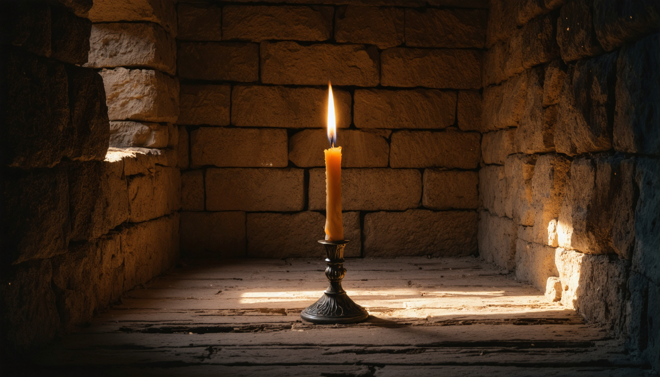 A single candle flame burning in a dark, empty stone room.