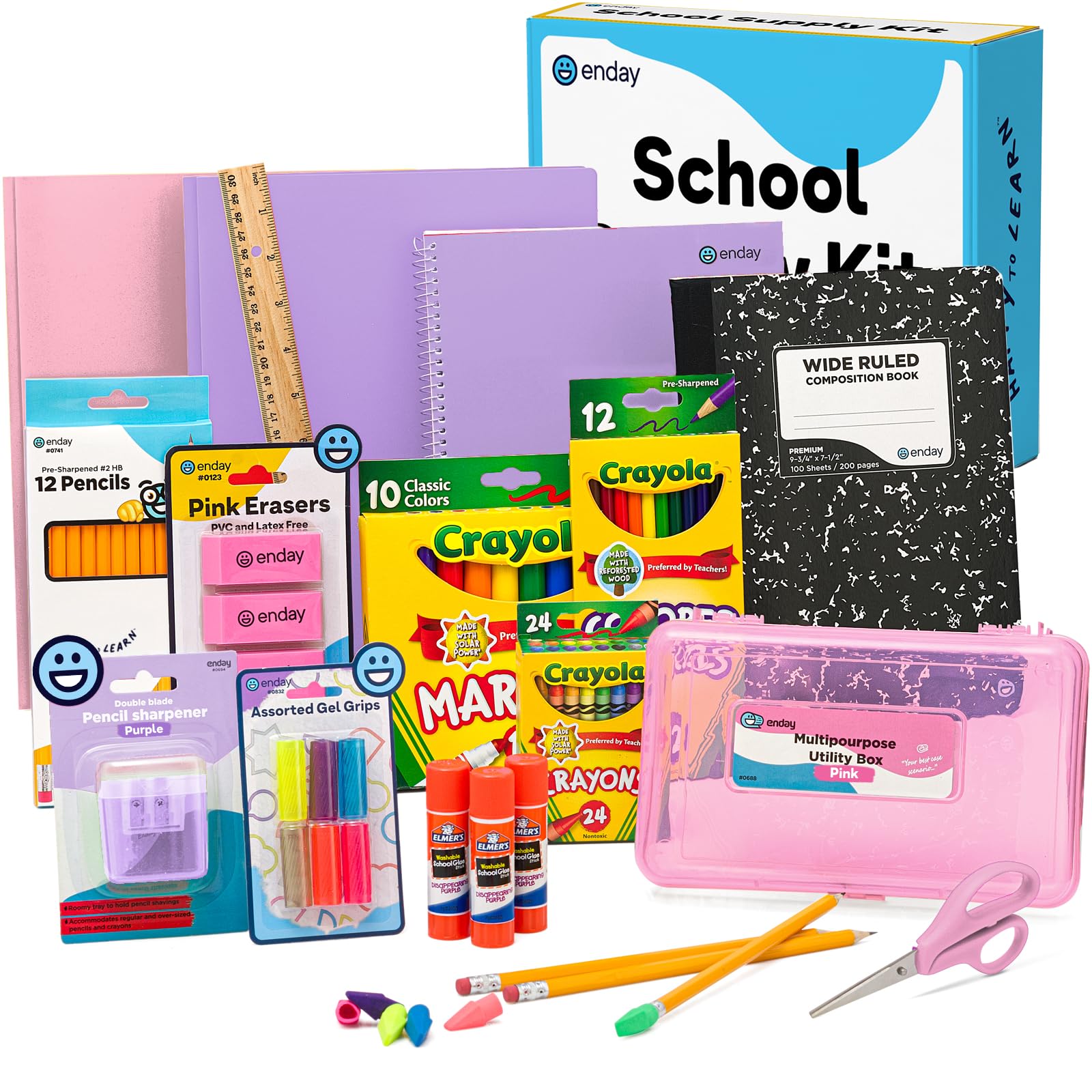 Enday Back to School Supplies Kit - Grades K-5, 83 Piece Back to School Supplies Kit, Kindergarten School Supplies Kids for Girls & Boys (1 Kit - Purple Pink)