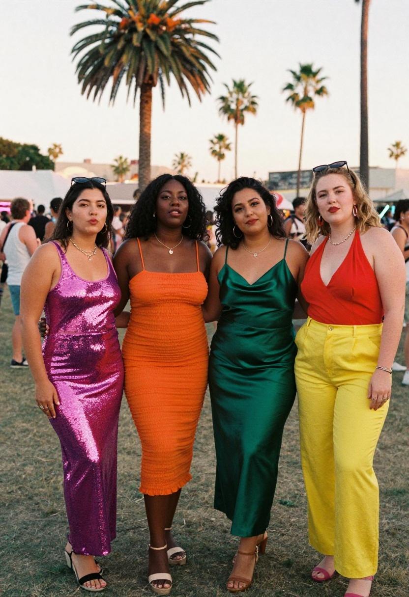 Four plus-size friends in vibrant spring festival looks proving bold color is better with your squad