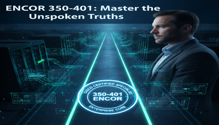 ENCOR 350-401: Master the Unspoken Truths A network engineer stands confidently before a high-tech, glowing enterprise network, gazing down an illuminated path towards a holographic Cisco 350-401 ENCOR certification badge, symbolizing a strategic journey to mastery. The image title 'ENCOR 350-401: Master the Unspoken Truths' is prominently displayed.
