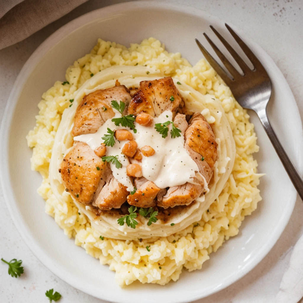 Garlic Chicken Bites with Creamy Sauce over Mashed Potatoes