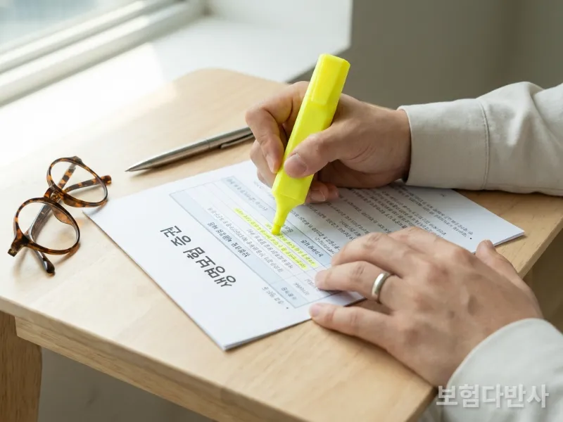 30대 한국인의 손이 미니멀한 책상 위 보험 약관 중요 부분을 노란색 형광펜으로 꼼꼼히 표시하는 모습