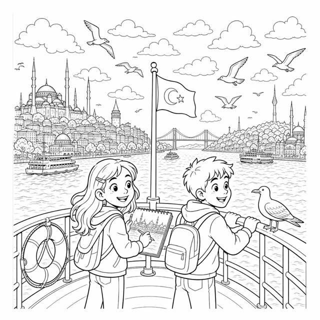 Bosphorus ferry coloring page – children on a ferry with Istanbul skyline