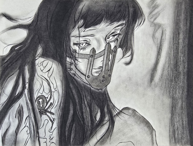 Charcoal drawing of a young woman with long dark hair, wearing a mask and featuring a large arm tattoo