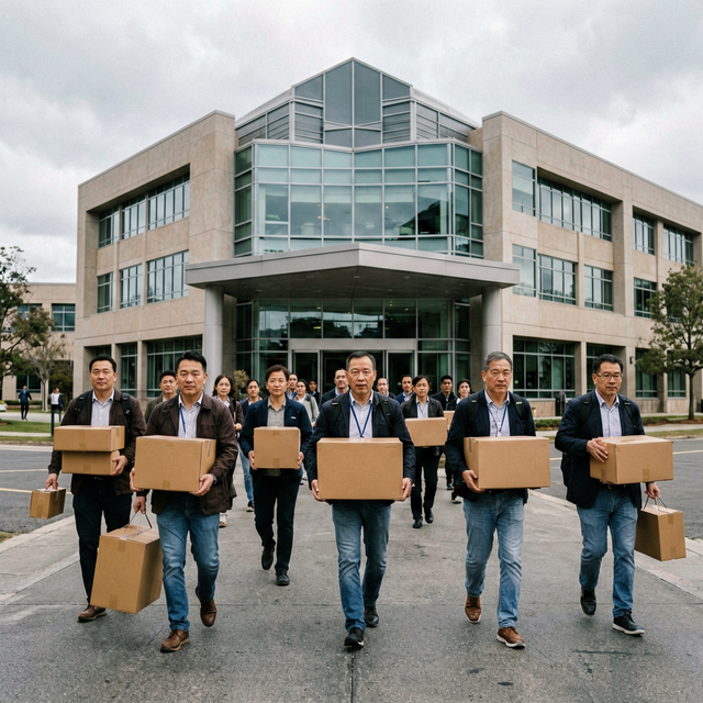 Amazon corporate office building in Seattle, employees leaving with boxes and personal belongings after layoff announcement, overcast sky, a