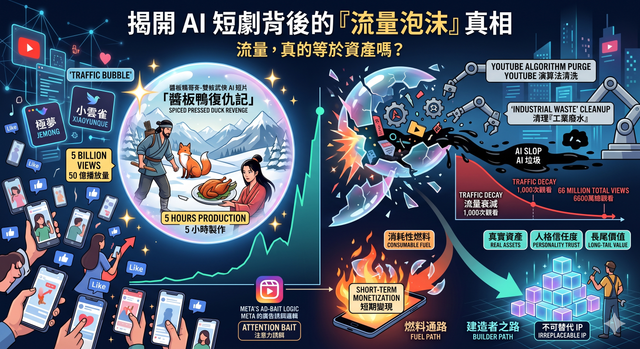 AI 短劇流量曲線與內容資產泡沫化分析圖