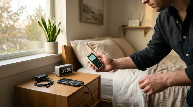 Person measuring EMF levels with handheld meter near bedroom nightstand devices, calm morning light