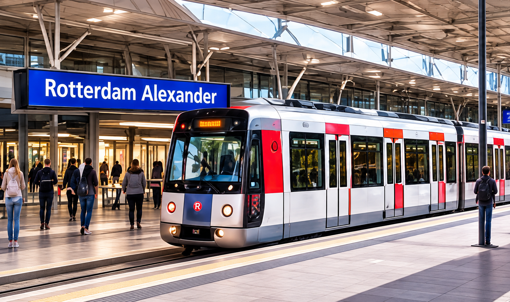 Trein op station Rotterdam Alexander voor luchthavenvervoer