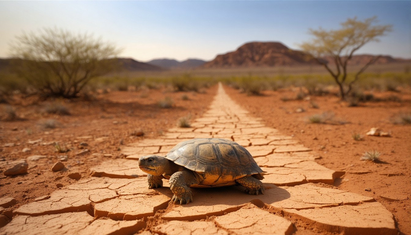 A single tortoise moving across dry cracked earth in low golden light, isolated in a vast empty landscape.