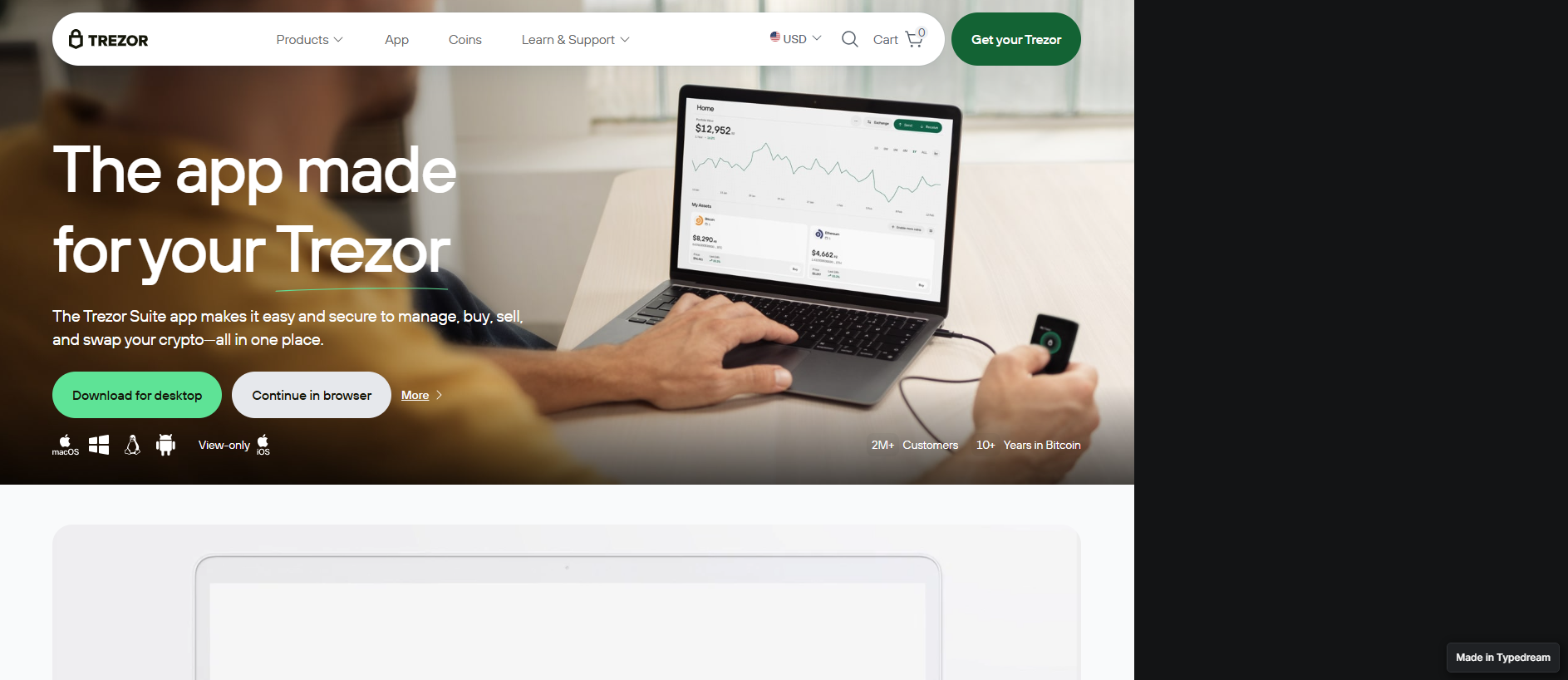 Forensic screenshot of secure-trezor-en-get.typedream.app showing the phishing page layout