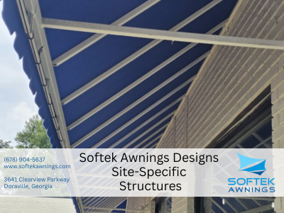 Blue custom commercial awning designed and installed by Softek Awnings, featuring a site-specific structure for a commercial building in Doraville, Georgia.