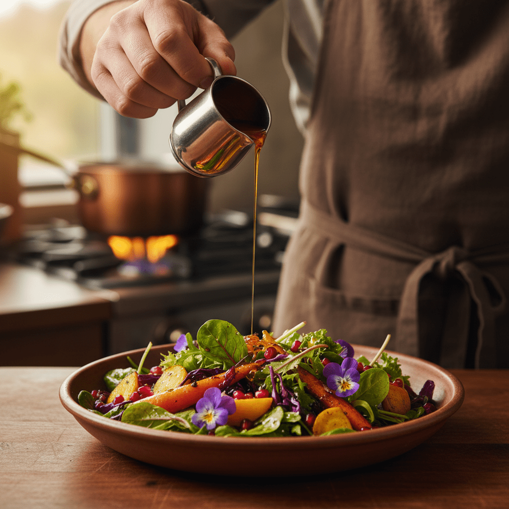 A chef drizzling bright orange sea buckthorn oil over a colorful salad bowl