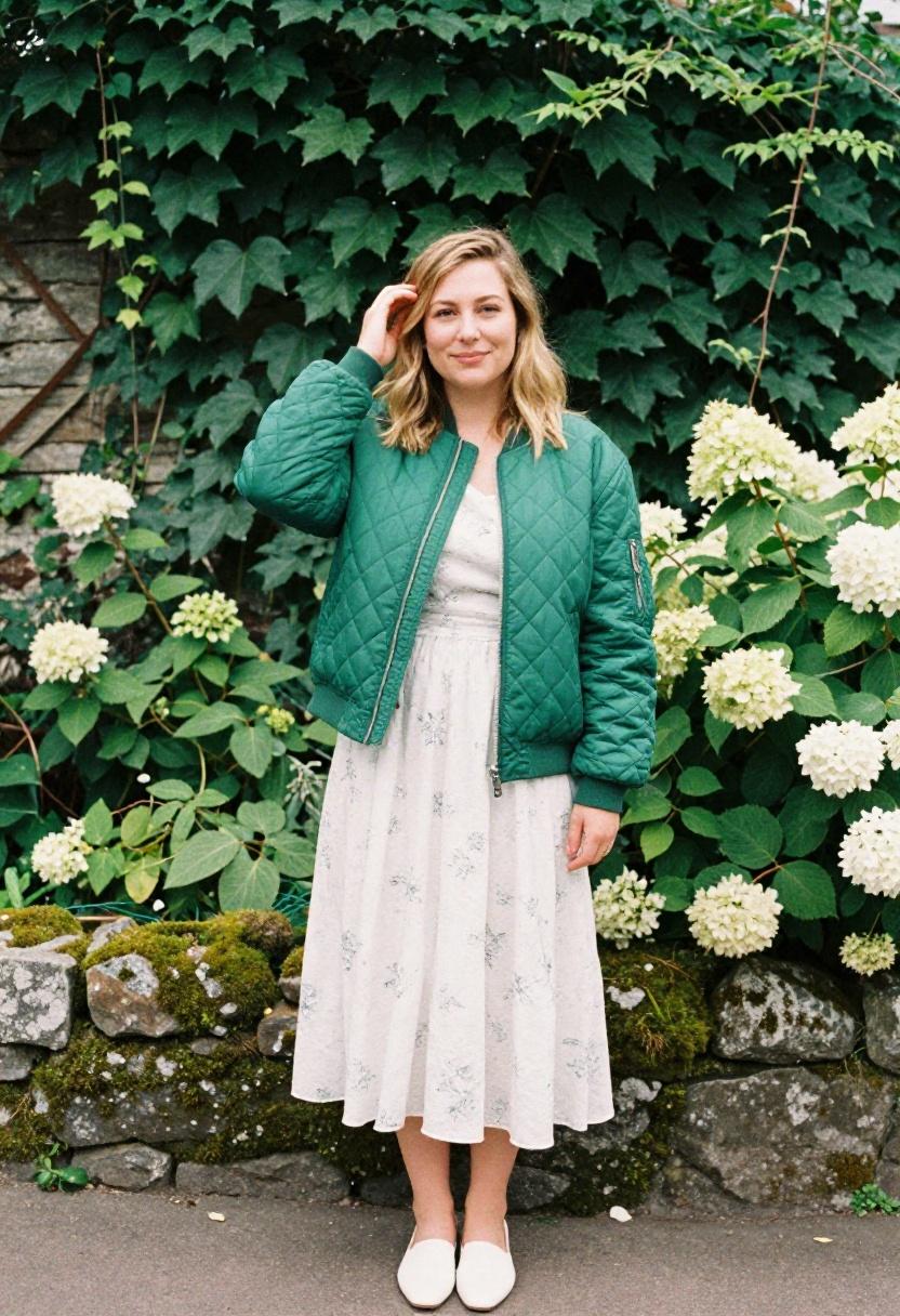 Emerald quilted bomber jacket over a floral midi skirt for a spring garden outfit