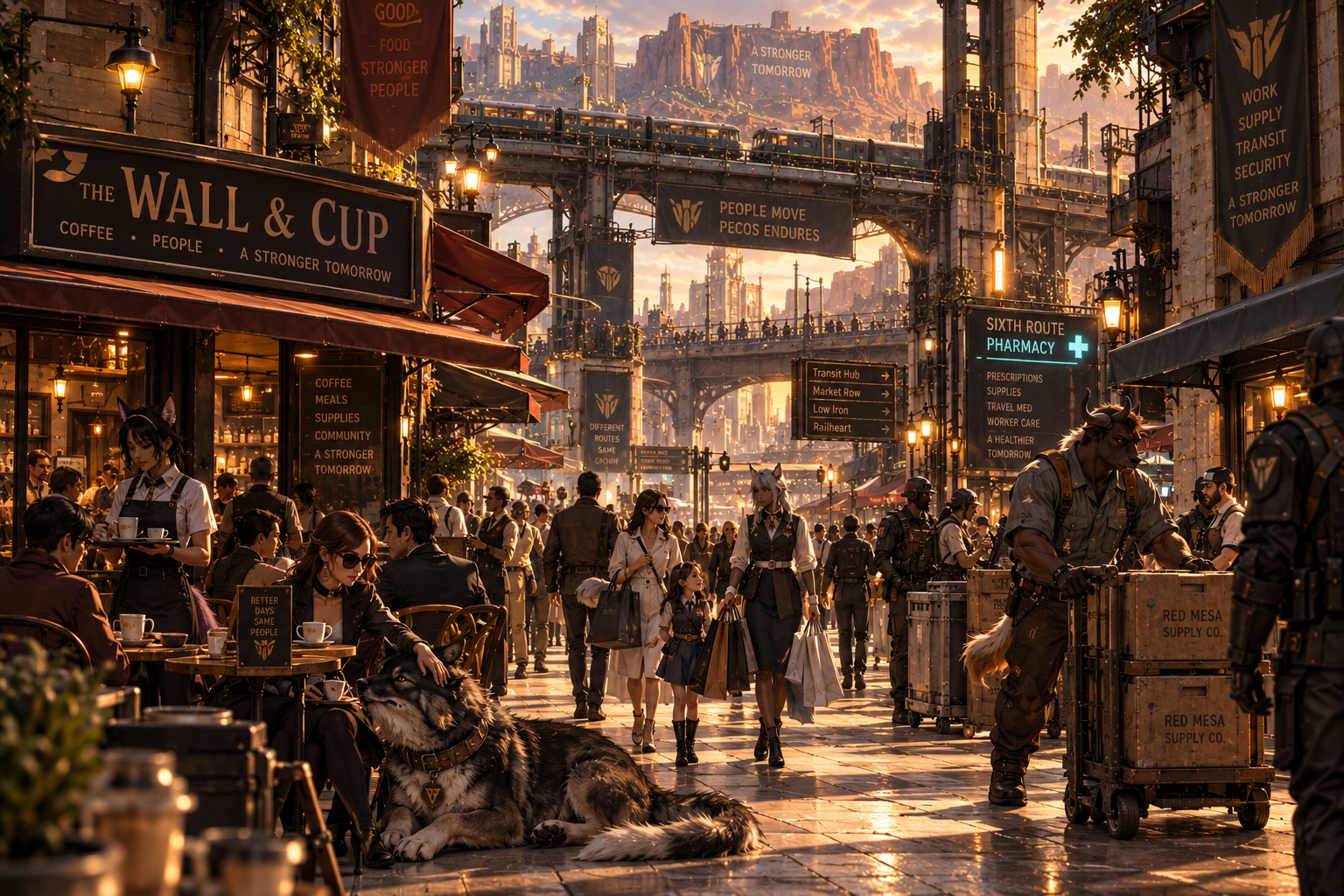 Street-level daily life in Pecos Gate, with human civilians, Crown personnel, working demi-humans, shops, transit infrastructure, and controlled public activity.