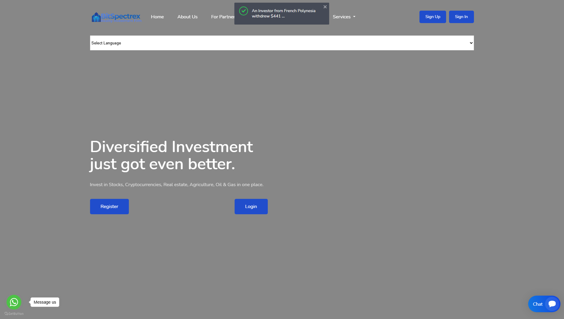Forensic screenshot of bitspectrex.com showing the phishing page layout