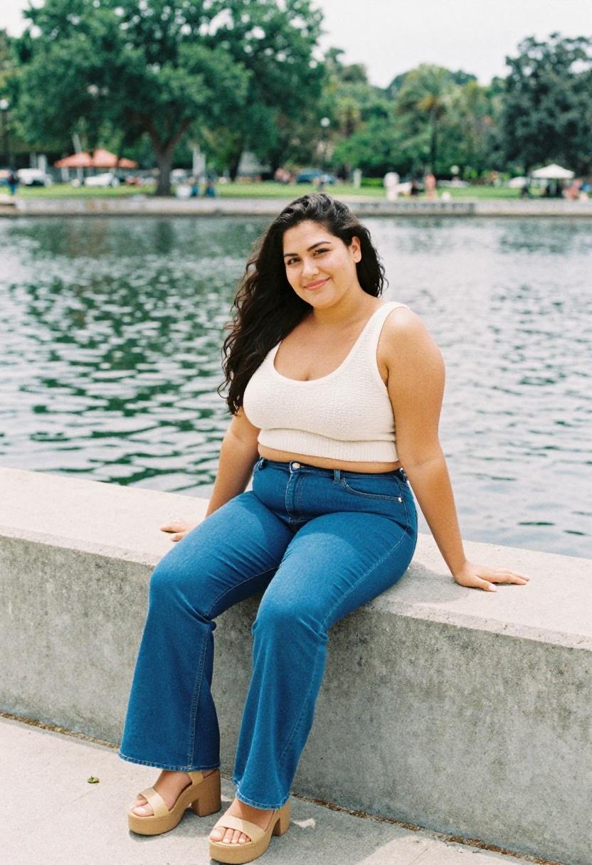 Curvy woman seated at waterfront in cobalt blue flare jeans and cropped ivory knit top