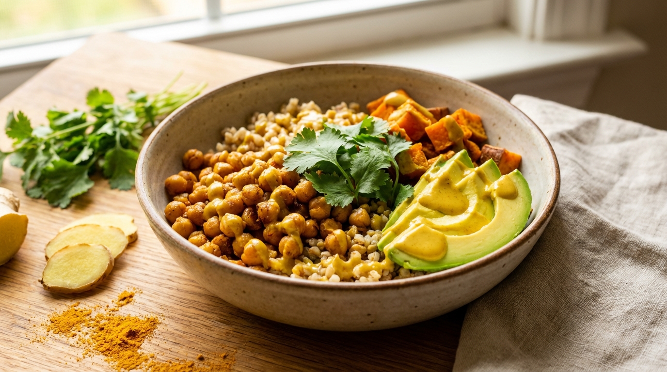 Roasted chickpea and sweet potato grain bowl featuring ingredients from turmeric and ginger recipes