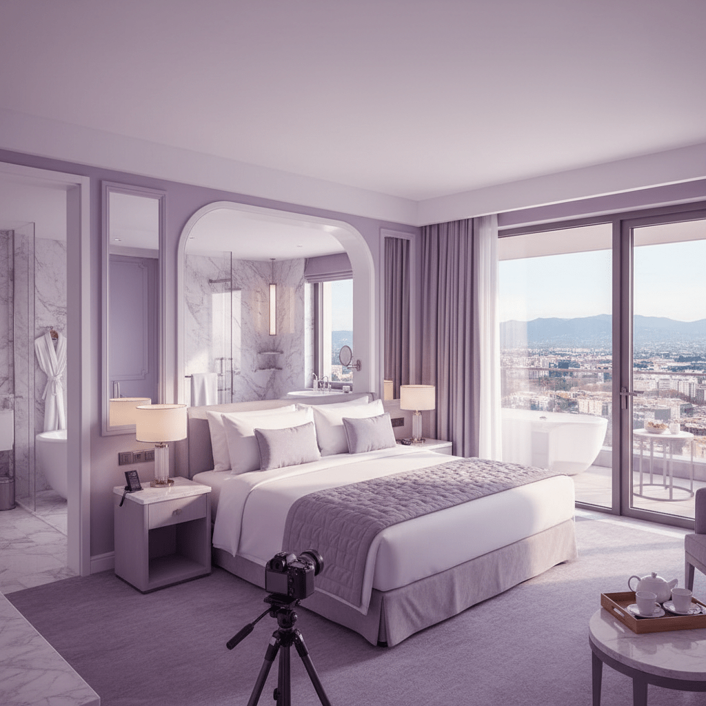 Photorealistic hotel room photo shoot with wide-angle camera, styled bed, bathroom, and balcony view