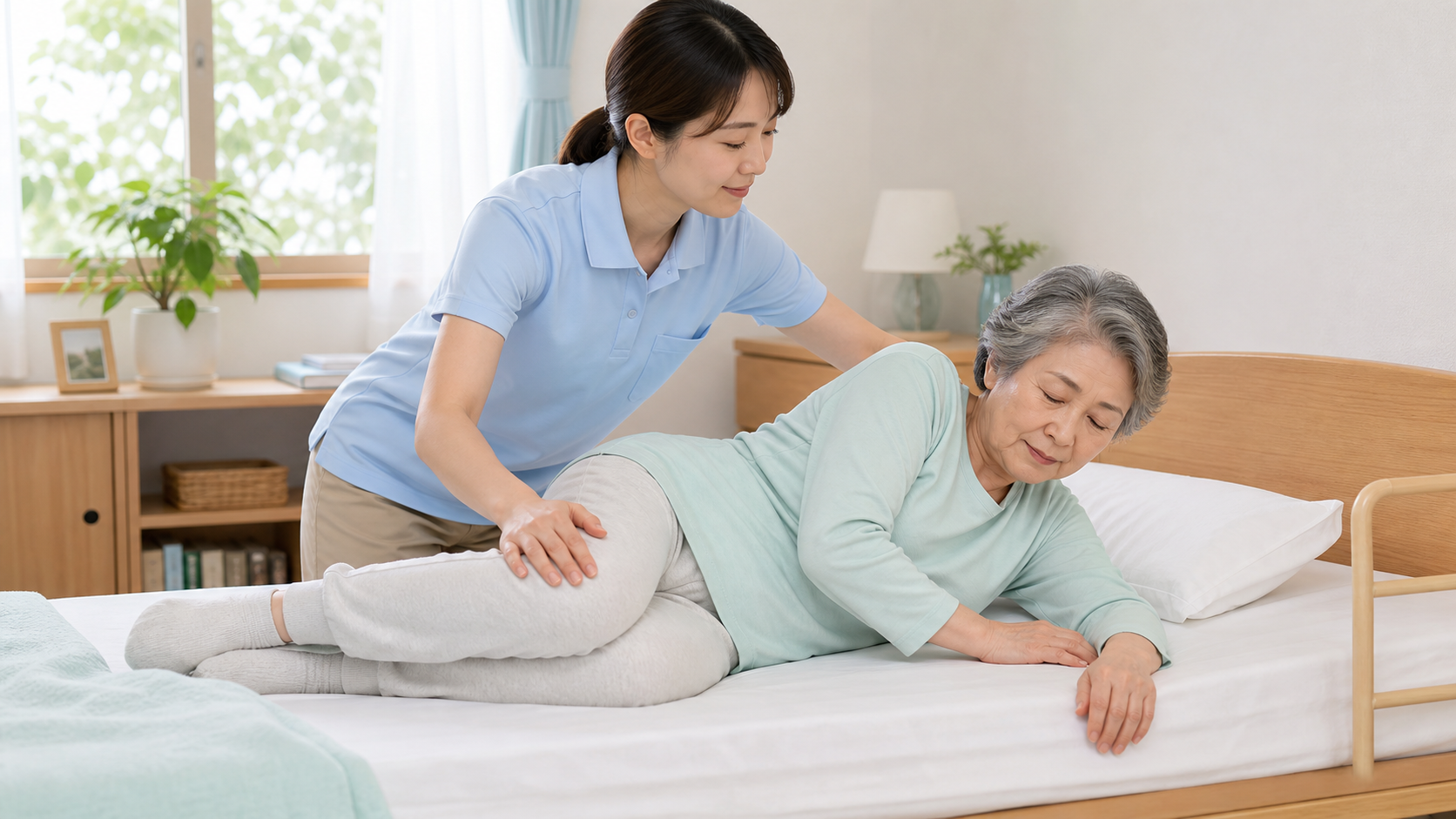 脊椎圧迫骨折後の高齢者が専門職とログロールによる起き上がりを確認する様子