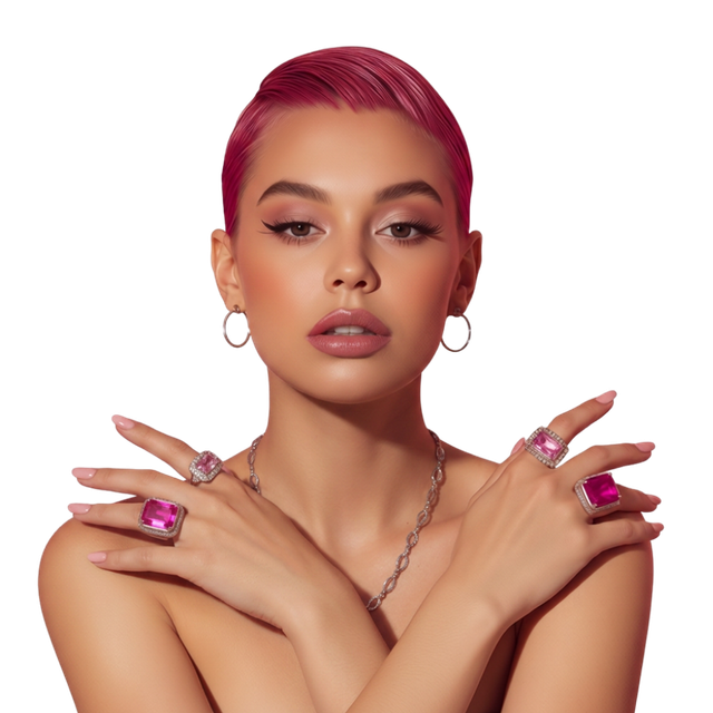 Pembe saçlı, eli çenesinde devasa yüzük olan model