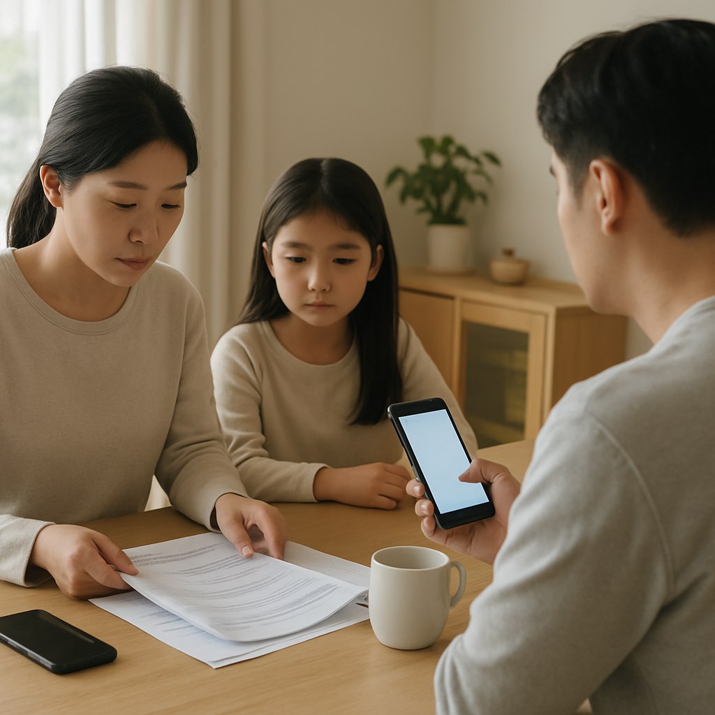 korean family reviewing housing application documents at home