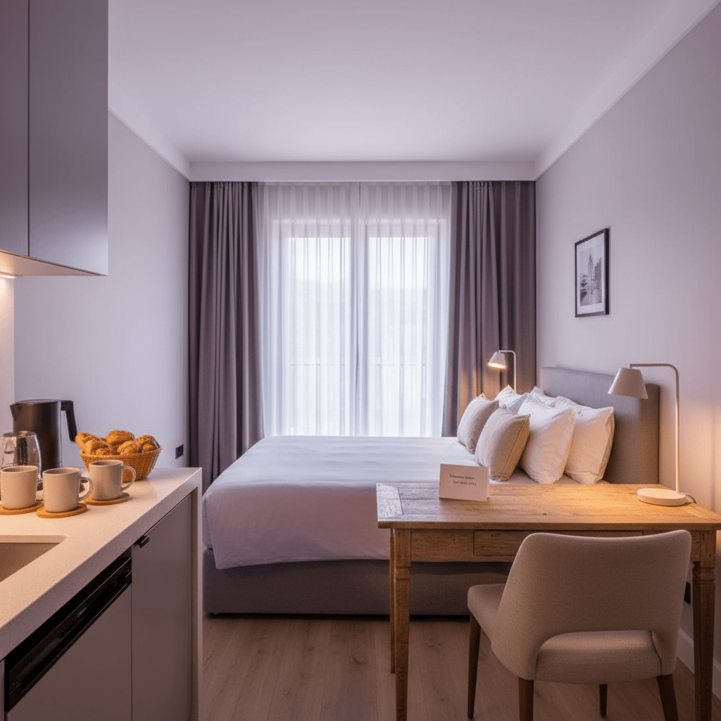 An inviting Airbnb interior with warm light, showing bed, desk, and kitchen details that communicate comfort and guest benefits