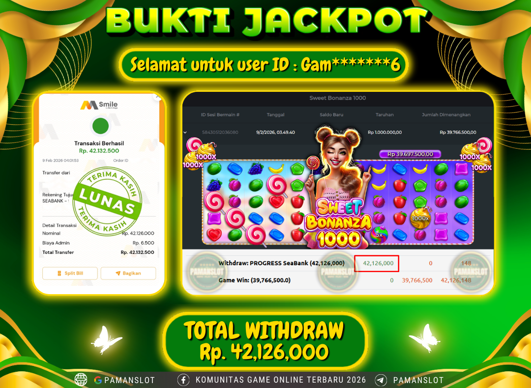 PAMANSLOT JACKPOT Game  Sweet Bonanza 1000 Rp.42,126,000- LUNAS