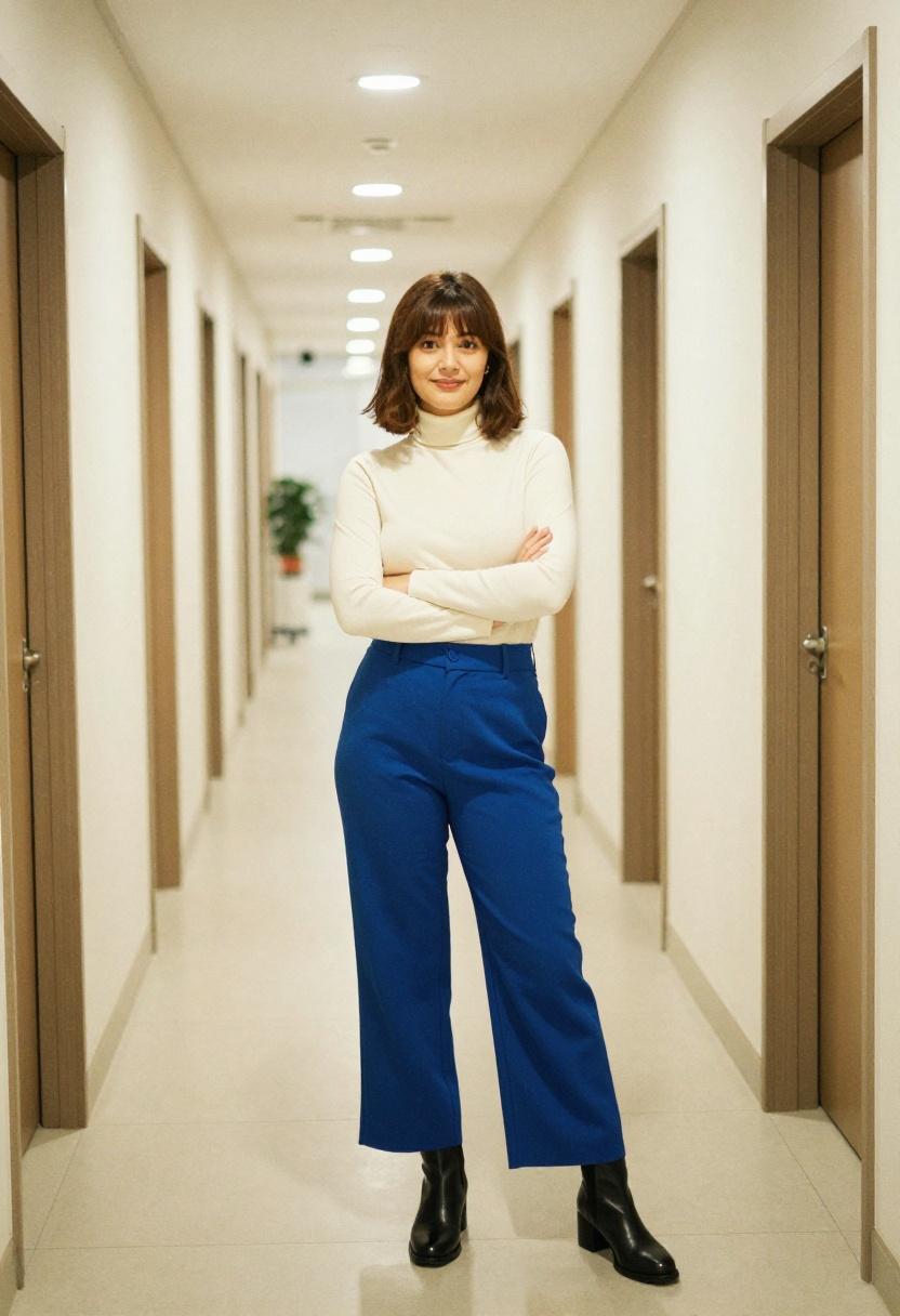 Cobalt blue wide-leg trousers with turtleneck and black ankle boots in office hallway