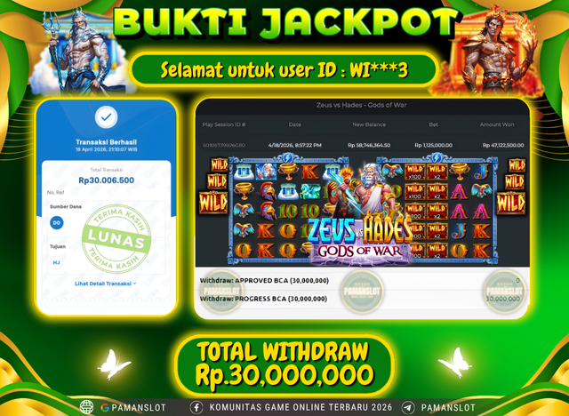 Selamat kepada Member PAMANSLOT Game Zeus vs Hades - Gods of War  : WI***3