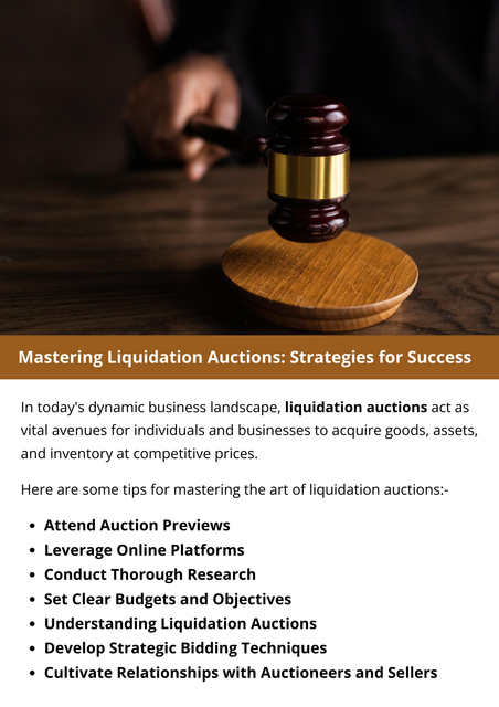 Mastering liquidation auctions requires strategic planning. Identify target items, research market values, and set a budget. Timing is crucial; monitor auctions for opportune moments. Leverage knowledge of specific industries and networks for insider information. Be adaptable and decisive during fast-paced bidding. To know more visit here https://www.auctionmasters.com/