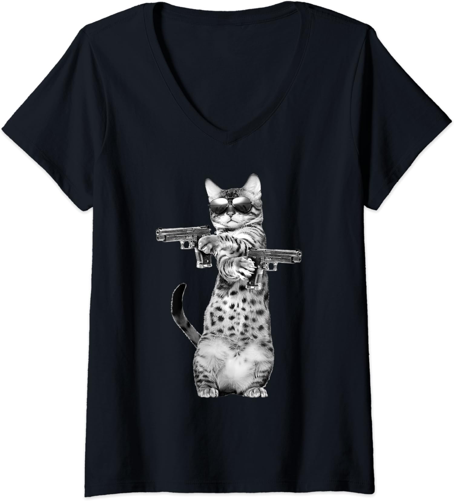 Cats Lover Funny Cat With Guns Happy Kitten Design Ladies’ V-Neck Tshirt