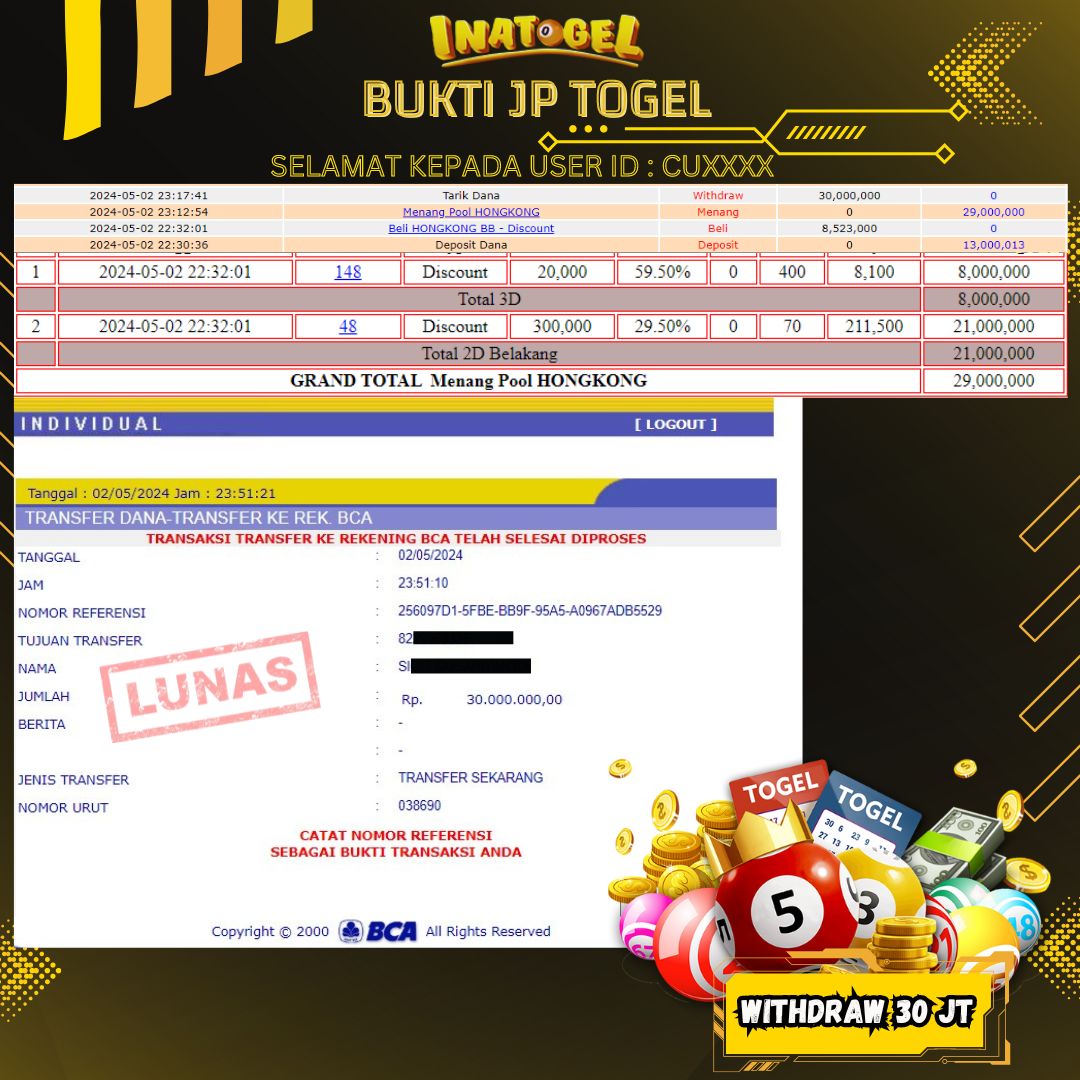  BUKTI PEMBAYARAN JP TOGEL HONGKONG Rp39,000,000,- LUNAS