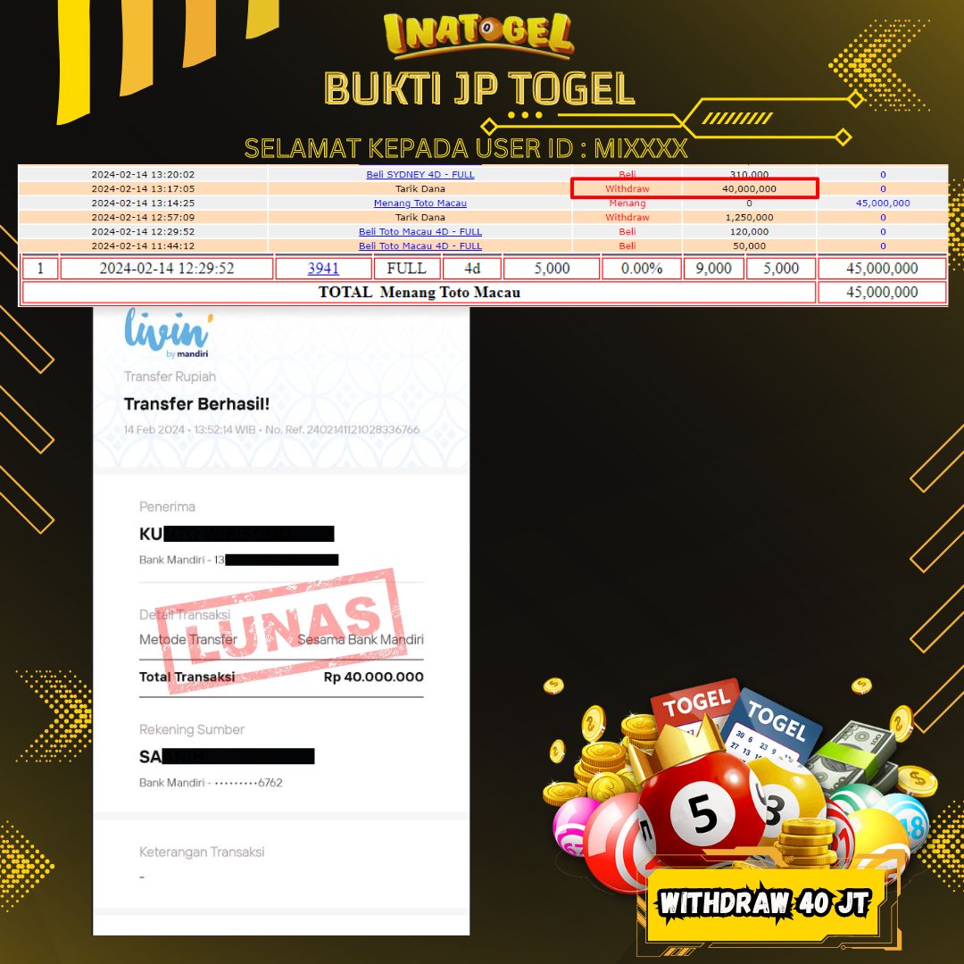 BUKTI PEMBAYARAN JP TOGEL TOTO MACAU Rp40,000,000,- LUNAS