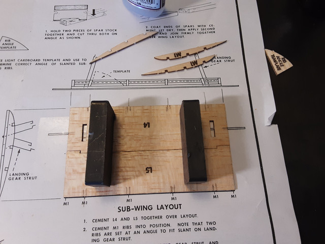 The sub-wing base pieces together. Note that I've marked the positions of the ribs.