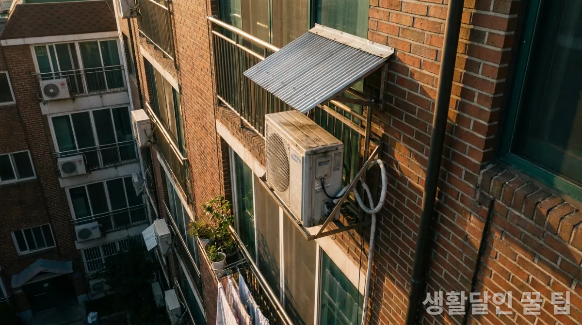 건물 외벽에 설치된 에어컨 실외기 위에 차광막이 설치된 모습, 깨끗한 아파트 단지 배경