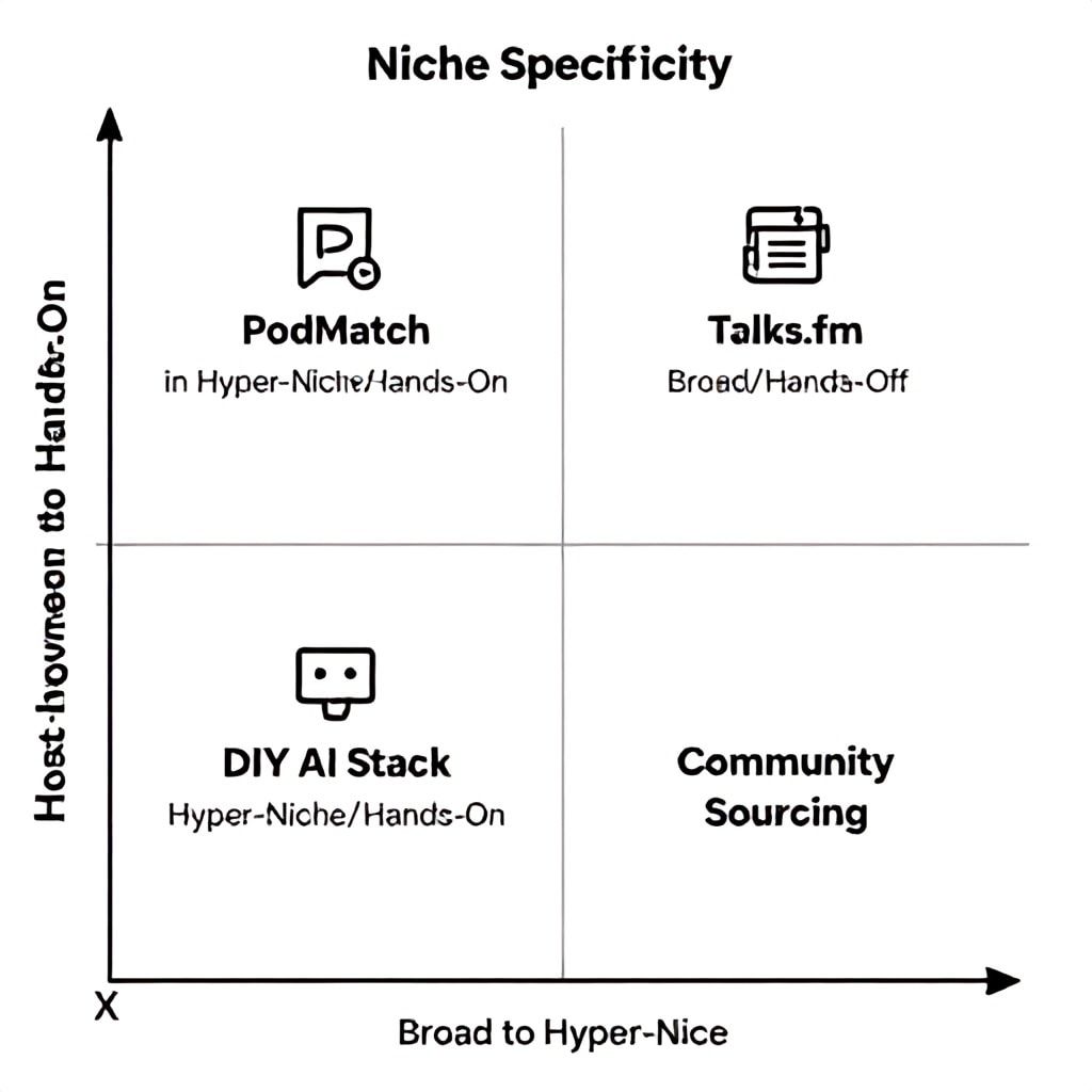 Podcast guest matching platform comparison matrix based on niche and involvement