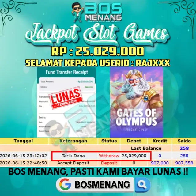Tanggal 16 JUNI 2026 - JACKPOT SLOT GAMES - GATES OF OLYMPUS (PRAGMATIC PLAY) Rp 25.029.000,-