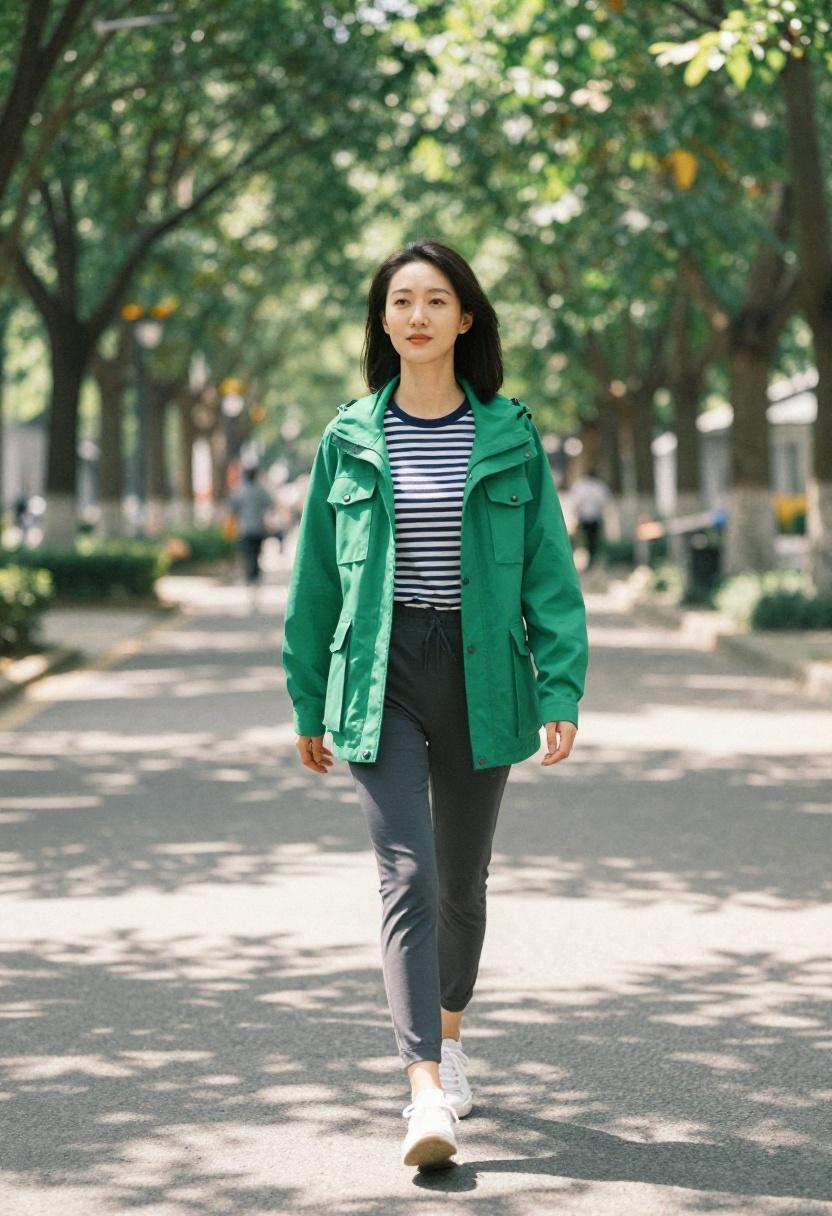 Woman in electric green utility jacket over striped baseball tee for sporty spring stadium style