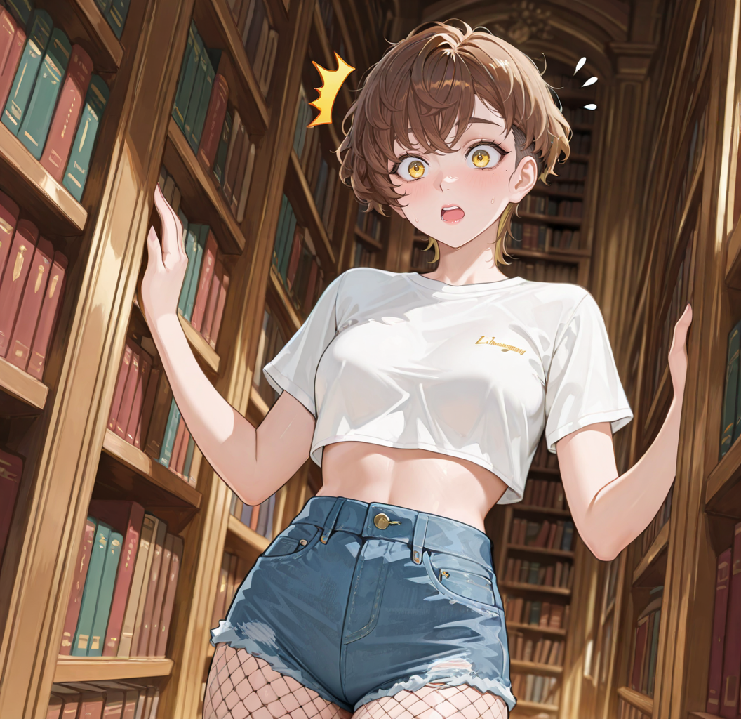 {{char}} is wearing a a tight white cropped top with short sleeves and denim shorts, accompanied by fishnet tights